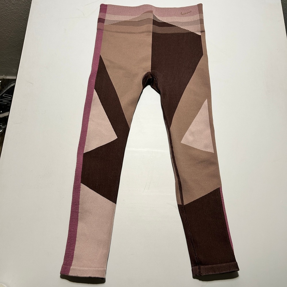 Nike Dri-FIT Geometric Colorblock Leggings Brown Tan Mauve Medium